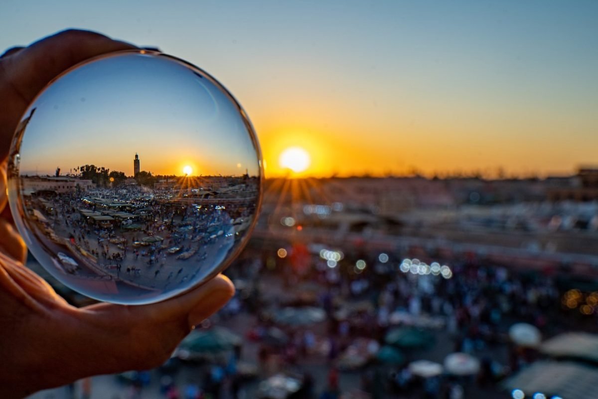 sunset, sundowner, evening atmosphere, evening sky, nature, sun, romantic, afterglow, glass sphere, bullet, morocco, marrakech