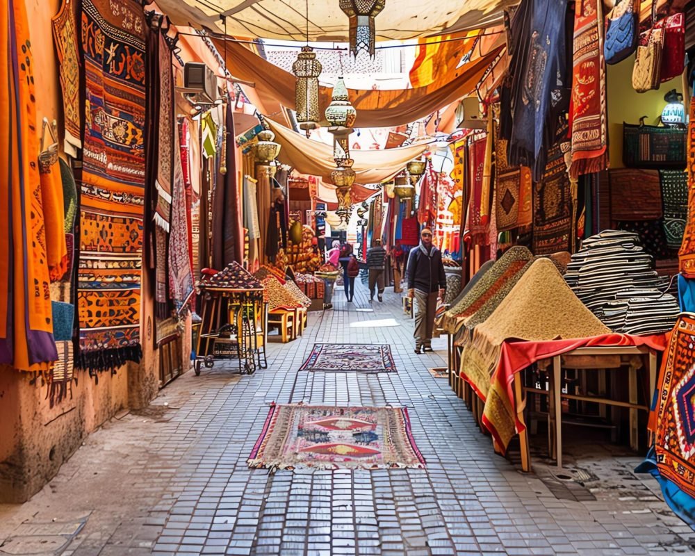 A vibrant and bustling Moroccan souk, or marketplace, with colorful textiles, spices, and other goods on display.